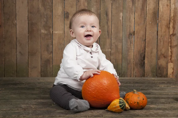 Dziecko bawiąc się pumkins w stodole — Zdjęcie stockowe