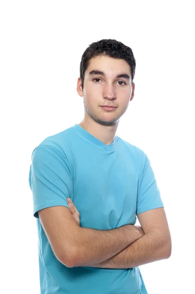 Egy tizenéves fiú, elszigetelt fehér portré — Stock Fotó