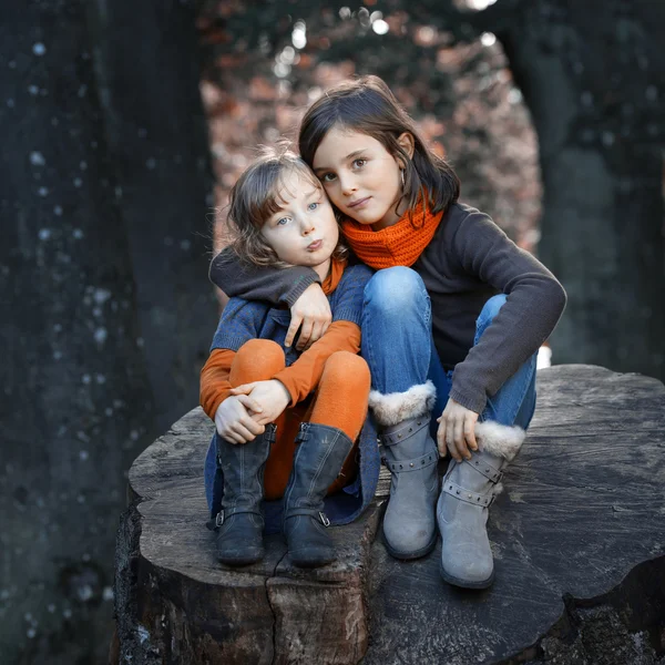 2 little girls sitting on a trunk — Stock Photo, Image