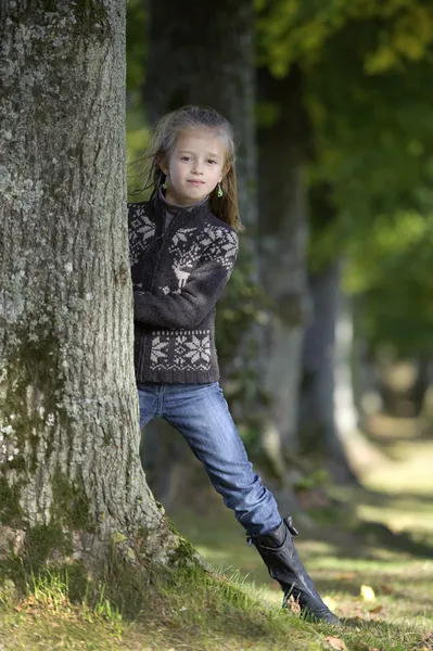 Holčička hledá zpoza stromu — Stock fotografie