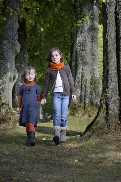 两个女孩走在树林中的路径δύο κορίτσια που περπατούν σε ένα μονοπάτι στο δάσος — Φωτογραφία Αρχείου