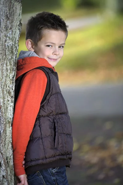 Young boy in autumn, leaning against a tree — Stock Photo, Image