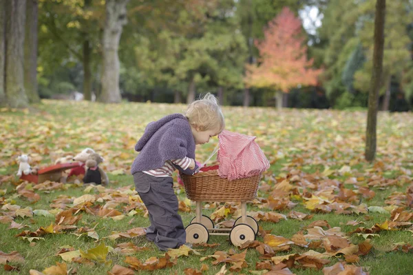 Küçük kız çocuk arabası park ile oynarken — Stok fotoğraf