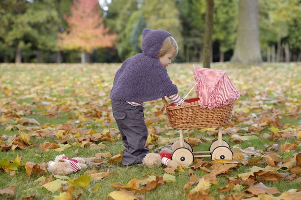 Маленькая девочка играет с коляской в парке — стоковое фото