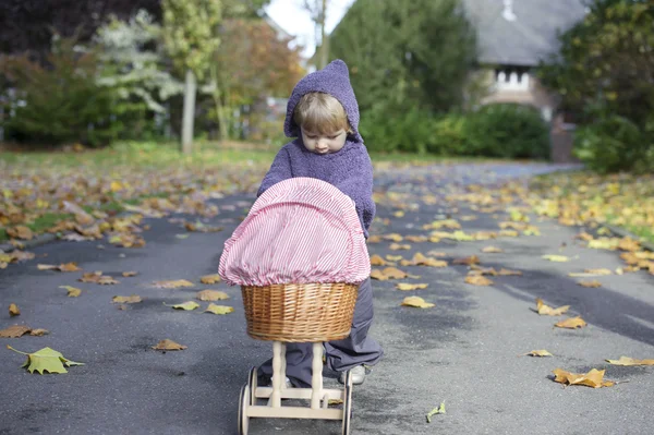 Menina brincando com um carrinho de bebê em um parque — Fotografia de Stock