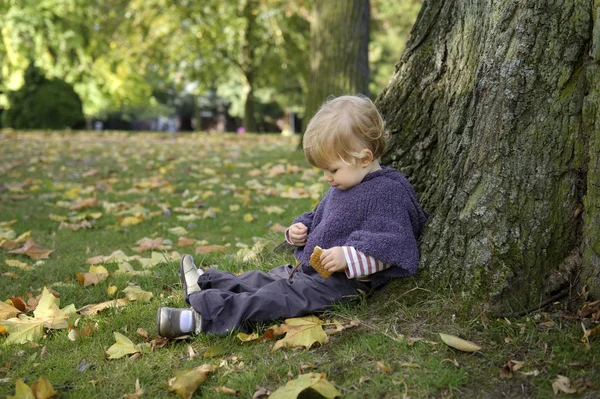 Liten flicka äter ett kex, utomhus i parken — Stockfoto