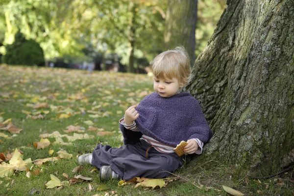Klein meisje eet een koekje, buiten in het park — Stockfoto