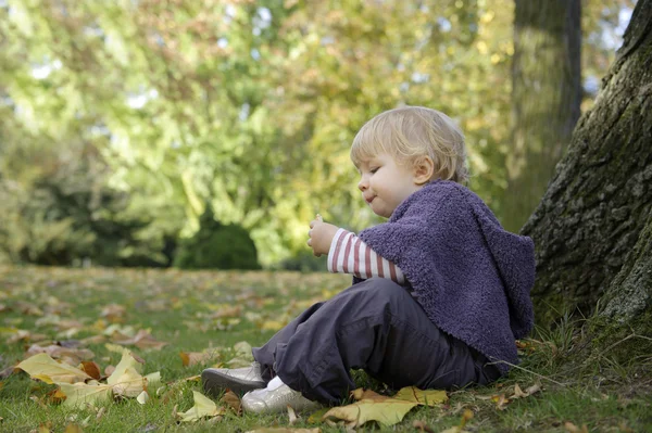 Little girl eating a biscuit , outdoors in the park — Stock Photo, Image