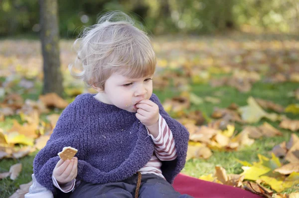 Küçük kız açık havada bisküvi yemek — Stok fotoğraf