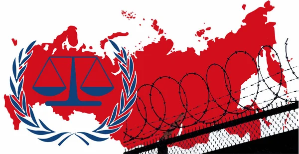 Lahey Mahkemesinin Arkaplanına Karşı Dikenli Tellerin Arkasında Rusya Haritasının Amblemi — Stok fotoğraf