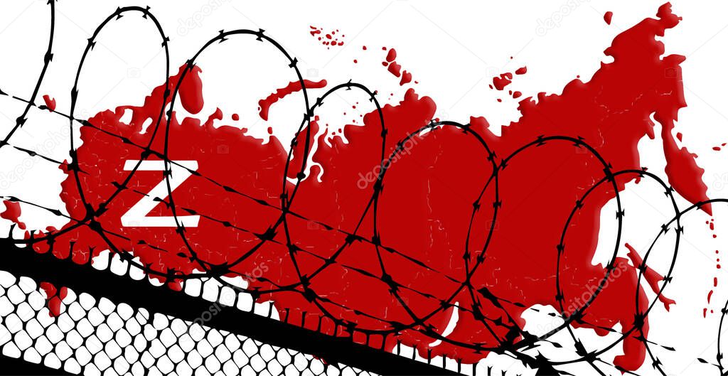 Red map of Russia with a symbol Z behind a fence with barbed wire
