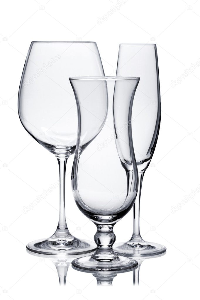 Cocktail glass set. Empty glasses of champagne, red wine and hur