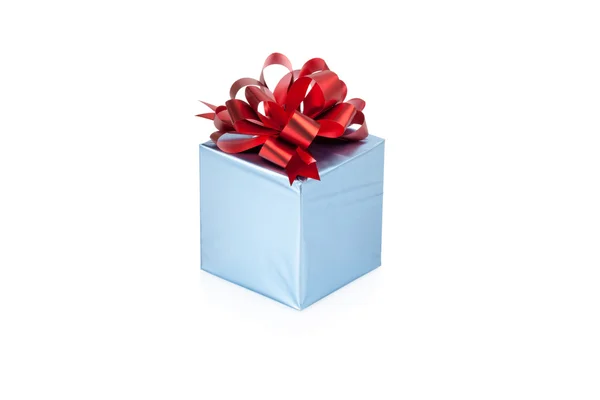 Blue gift box with red ribbon isolated on white background — Stock Photo, Image
