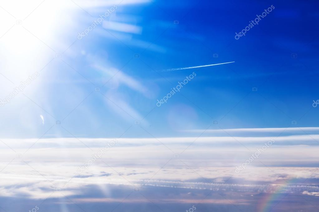 Amazing cloudy sky view from airplane window