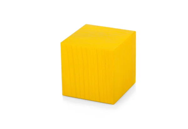 Wooden yellow block, colorful cube, childrens toy isolated on wh — Stock Photo, Image