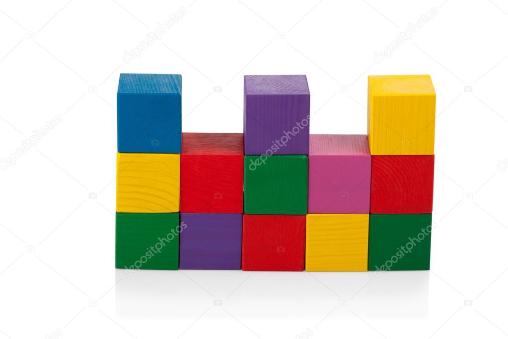 Wooden blocks, pyramid of colorful cubes, childrens toy isolated