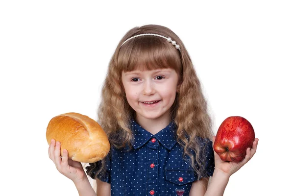 Adorable little smiling girl with red apple and bread isolated o — Stock Photo, Image