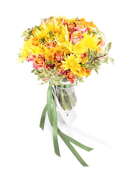 Bunch of spring flowers in a vase isolated on white background — Stock Photo, Image