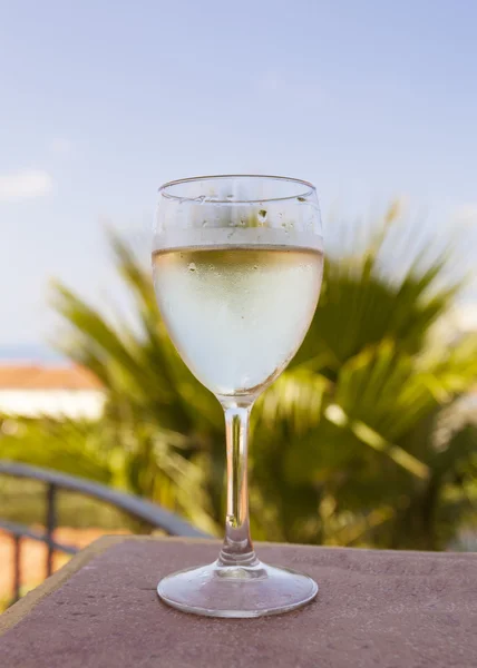 Glass of white wine over natural background