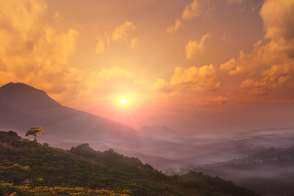 Misty morning in small town 