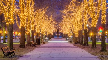 Noel zamanı Massachusetts, ABD 'de Noel ışığı açıkken Boston manzarası.