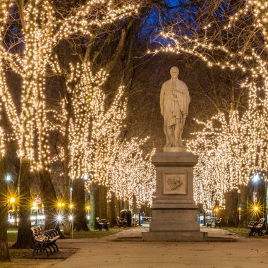 Noel zamanı Massachusetts, ABD 'de Noel ışığı açıkken Boston manzarası.