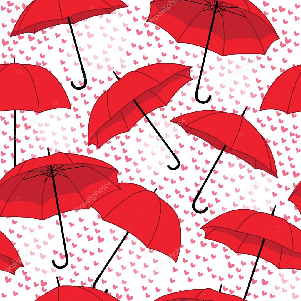 Romantic pattern with umbrellas and rain of hearts