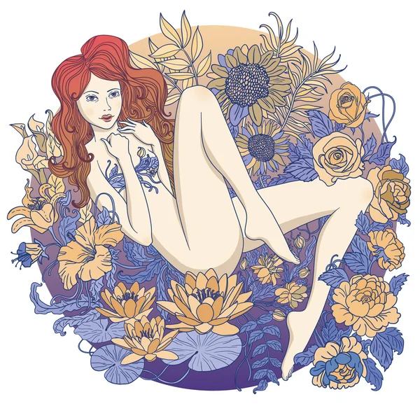Belle jeune fille aux fleurs délicates . — Image vectorielle