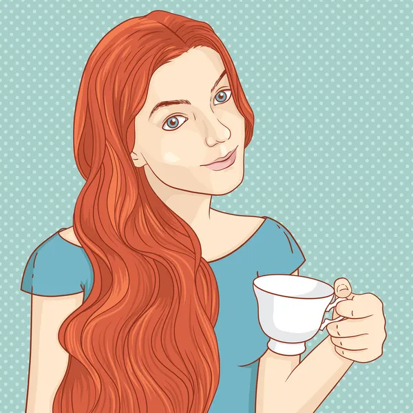 Flicka med kopp kaffe eller te — Stock vektor