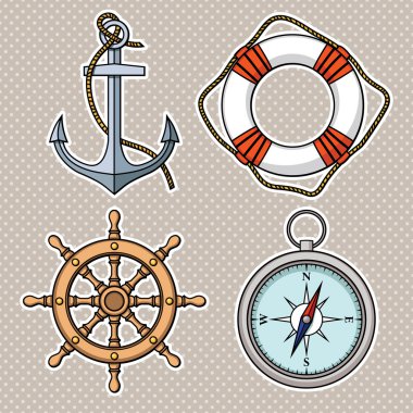 izole çapa, lifebuoy, geminin tekerlek, pusula ile ayarla