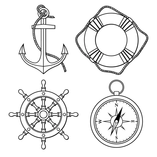 Set mit isoliertem Anker, Rettungsring, Schiffsrad, Kompass — Stockvektor