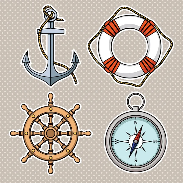 Set con ancla aislada, boya salvavidas, rueda del barco, brújula — Vector de stock