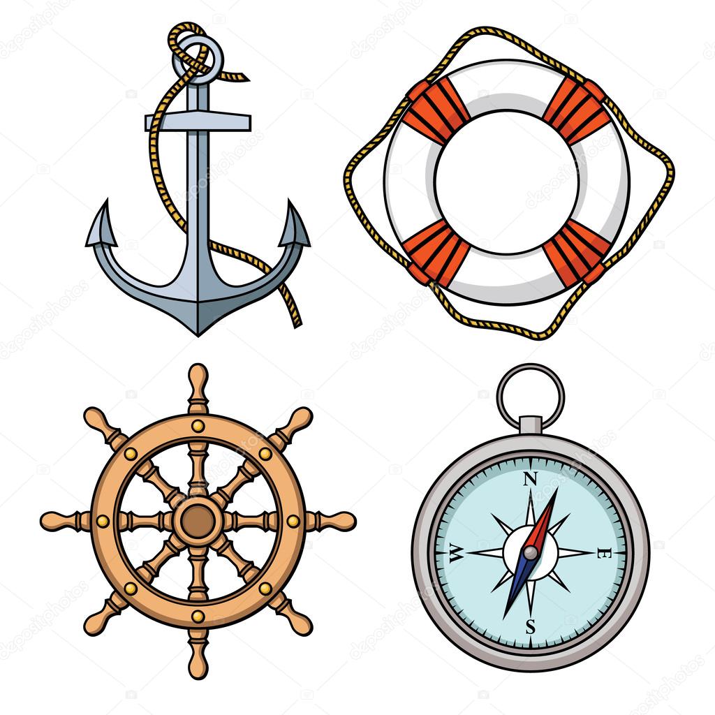 Set with isolated anchor, lifebuoy, ship's wheel, compass