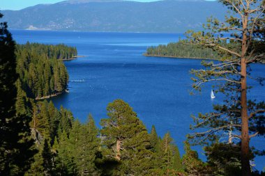 Emerald Bay 'e tepeden bakan uzun çam ağaçlarına kurulmuş, ikonik ilham noktası kuleleri Tahoe Gölü' nün 180 metre üstünde, doğu Kaliforniya 'nın merkezinde.. 