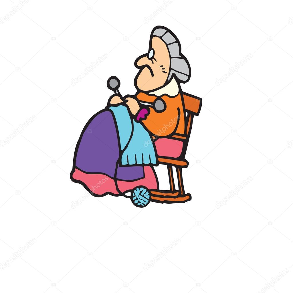 Old woman knitting is sitting on a chair