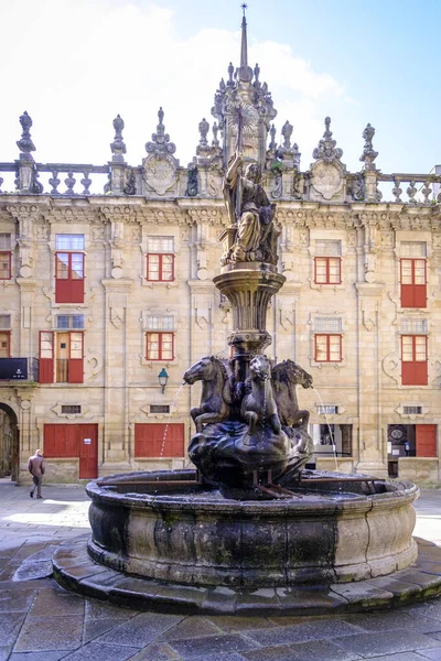 Santiago Compostela Spanien Mars 2021 Detalj Den Centrala Fontänen Platerias — Stockfoto