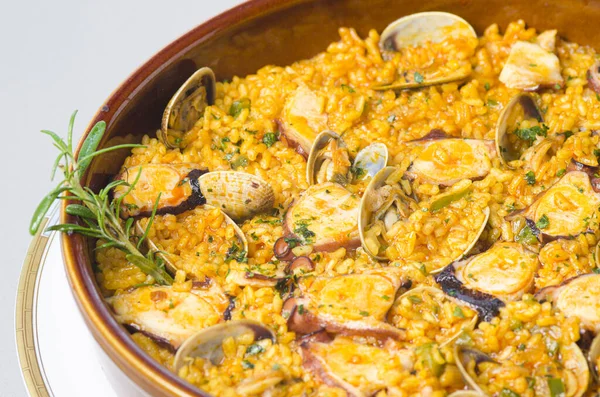 Octopus Clay Bowl Rice Clams Typical Dish Galicia Spain — Stock Photo, Image