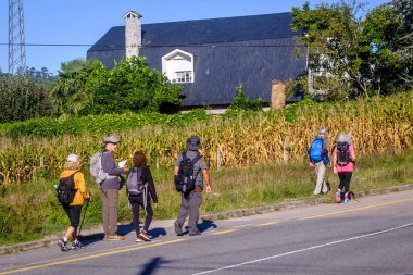 PONTEVEDRA, İSPA - 21 EYLÜL 2021: Bir grup hacı Camino de Santiago 'nun güzergahlarından birinde yürüyor.