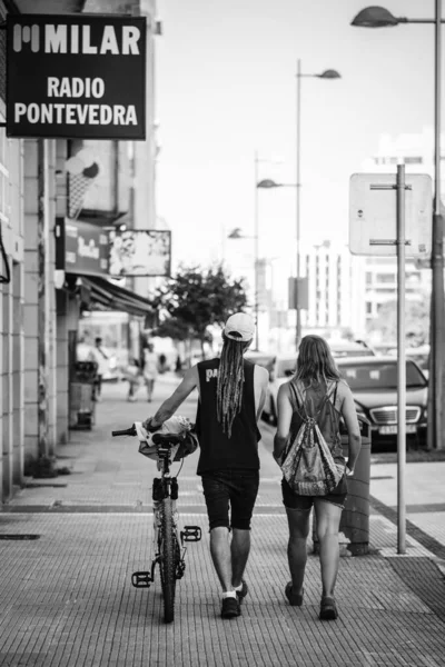 Pontevedra Spain September 2021 Couple Walks Street Bicycle Side — Stok fotoğraf