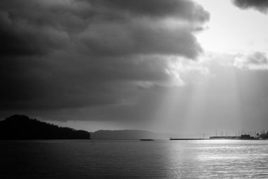 Sunbeams between the clouds in the Ria Bajas in Pontevedra (Spain)