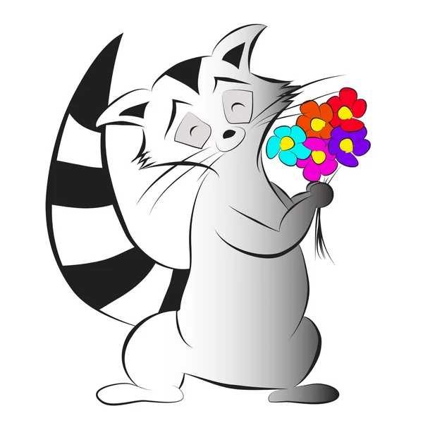 Illustration av söt rolig tecknad tvättbjörn med en bukett blommor — Stockfoto