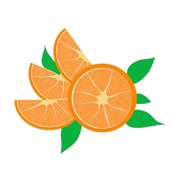 Saftige Orange mit Scheibe und Blättern — Stockfoto