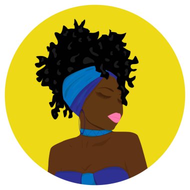 Güzel bir kadının portresi. Kıvırcık saçlı, modern Afro-Amerikan kızı..