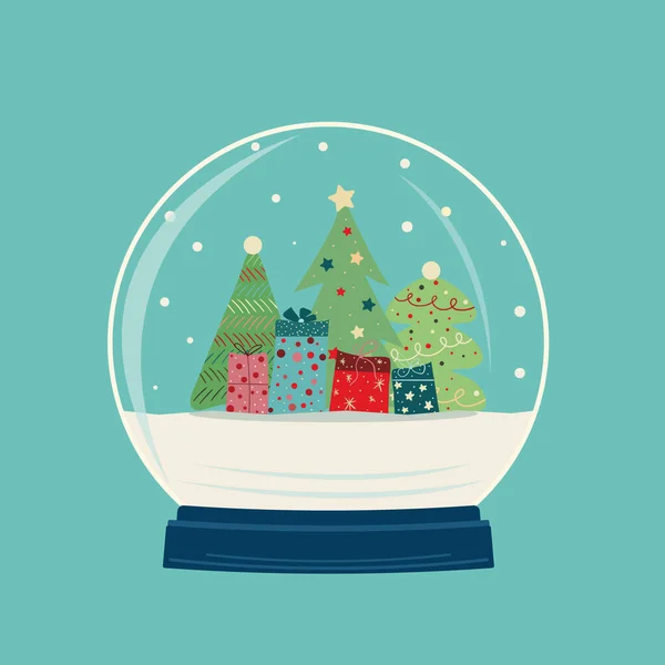 Christmas Card New Year Snow Globe Decorated Christmas Trees Gifts — Stock Vector