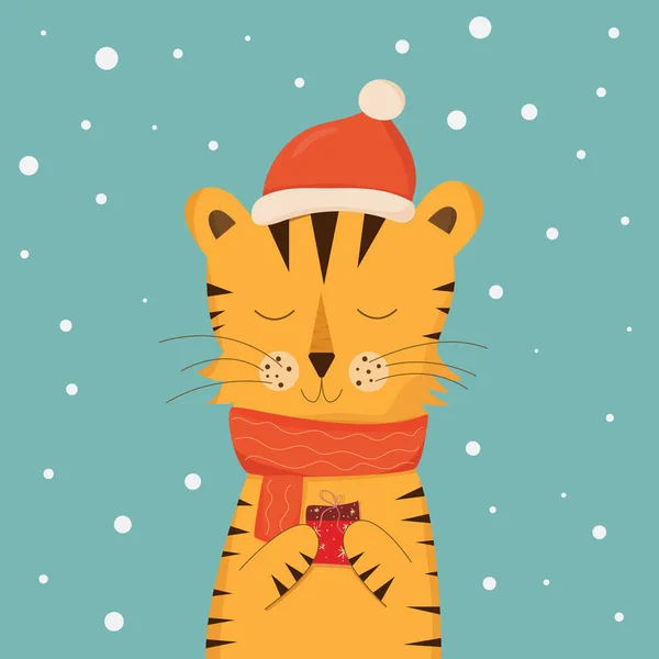 Symbolen För Det Nya Året 2022 Tigern Jultiger Med Nyårshatt — Stock vektor