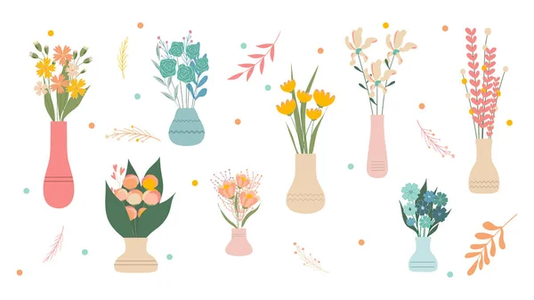 Ensemble Fleurs Sauvages Jardin Fleurs Dans Des Vases Fond Paquet — Image vectorielle
