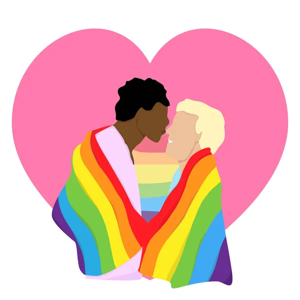 İki adamın aşkı, LGBT çifti. Gökkuşağı lgbt bayrağı. Düz vektör illüstrasyonu.