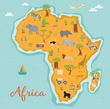 Vahşi hayvanlar ve bitkilerle dolu Afrika haritası. Seyahat ikonları. Zebra, zürafa, fil, su aygırı, devekuşu, zürafa, aslan, çita, lemur, gergedan, antilop. Baobab ve palmiye ağaçları.