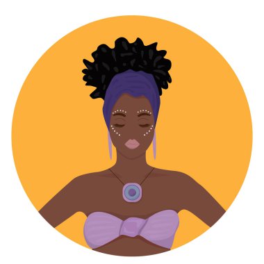 Güzel siyah bir kadının portresi. Mavi saçlı Afro-Amerikan kız çizgi filmi. Kıvırcık saçlı, modern Afro-Amerikan kızı..