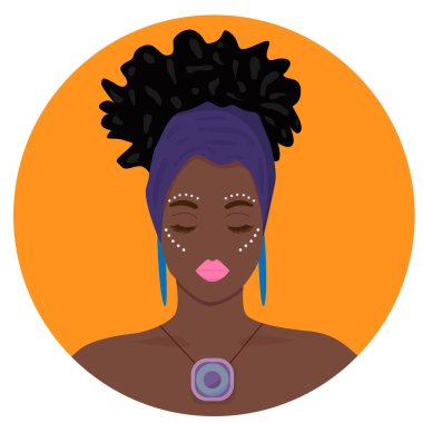 Güzel bir kadının portresi. Mavi saçlı Afro-Amerikan kız çizgi filmi. Kıvırcık saçlı, modern Afro-Amerikan kızı..